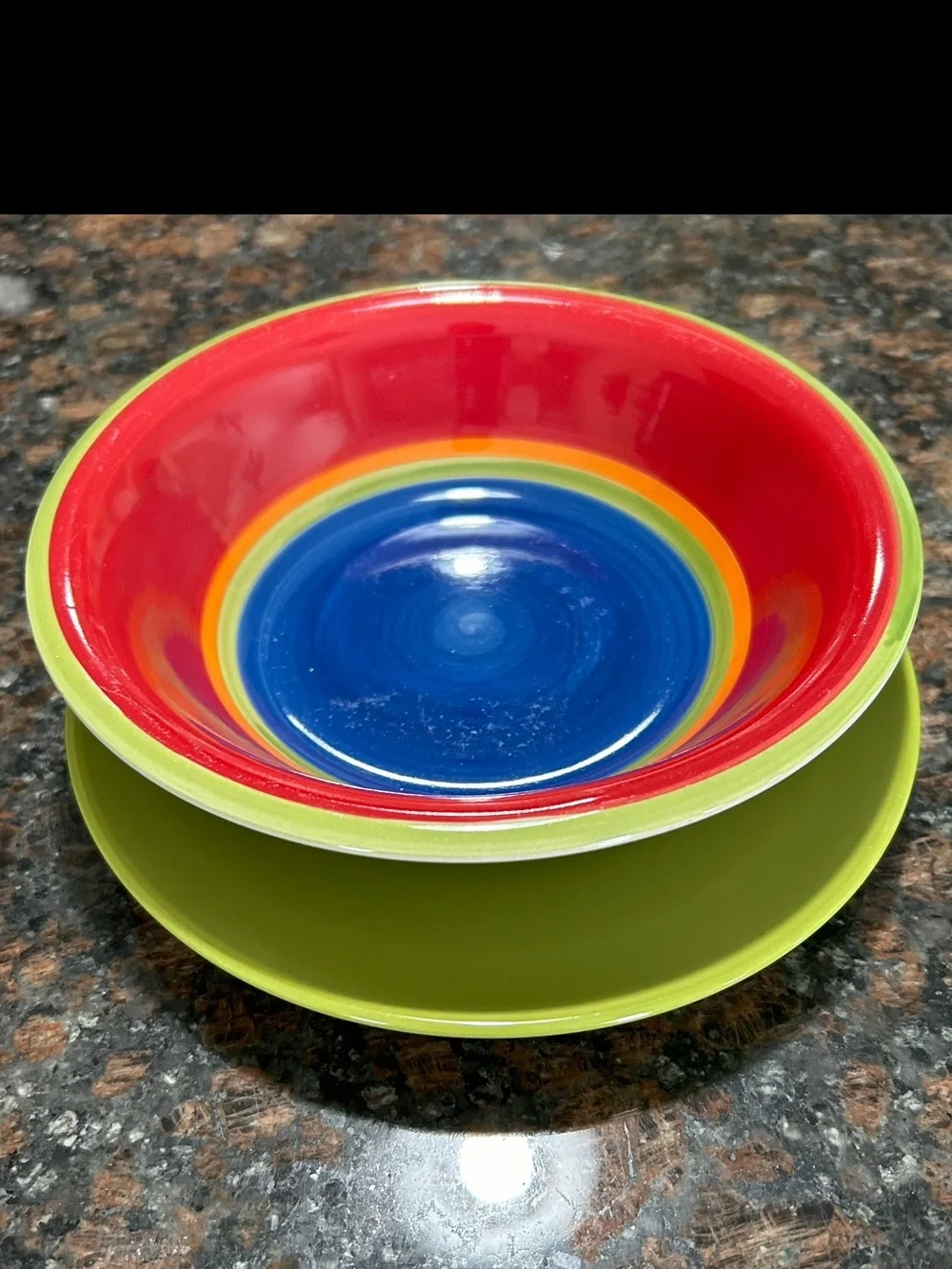 Set of 1 Multi-Color Ceramic Serving Bowl & 1 Green Plate Mexican Style Vintage